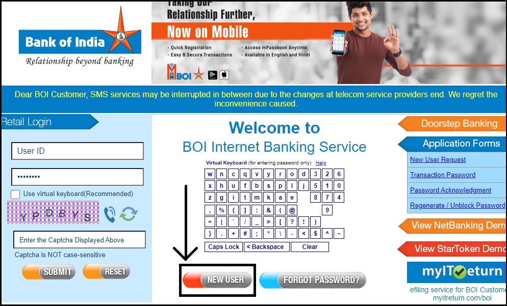 bank of india net banking registration