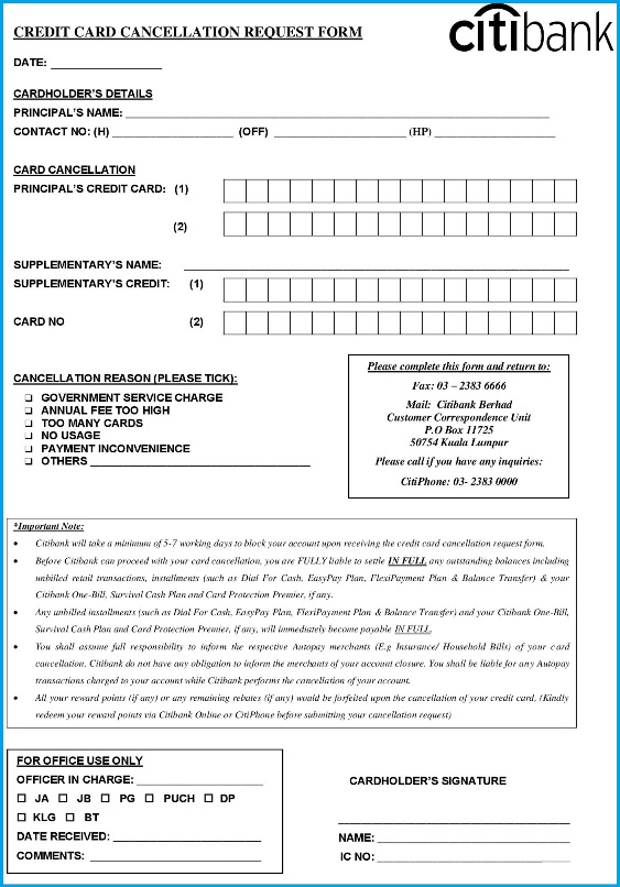 citibank credit card cancellation form